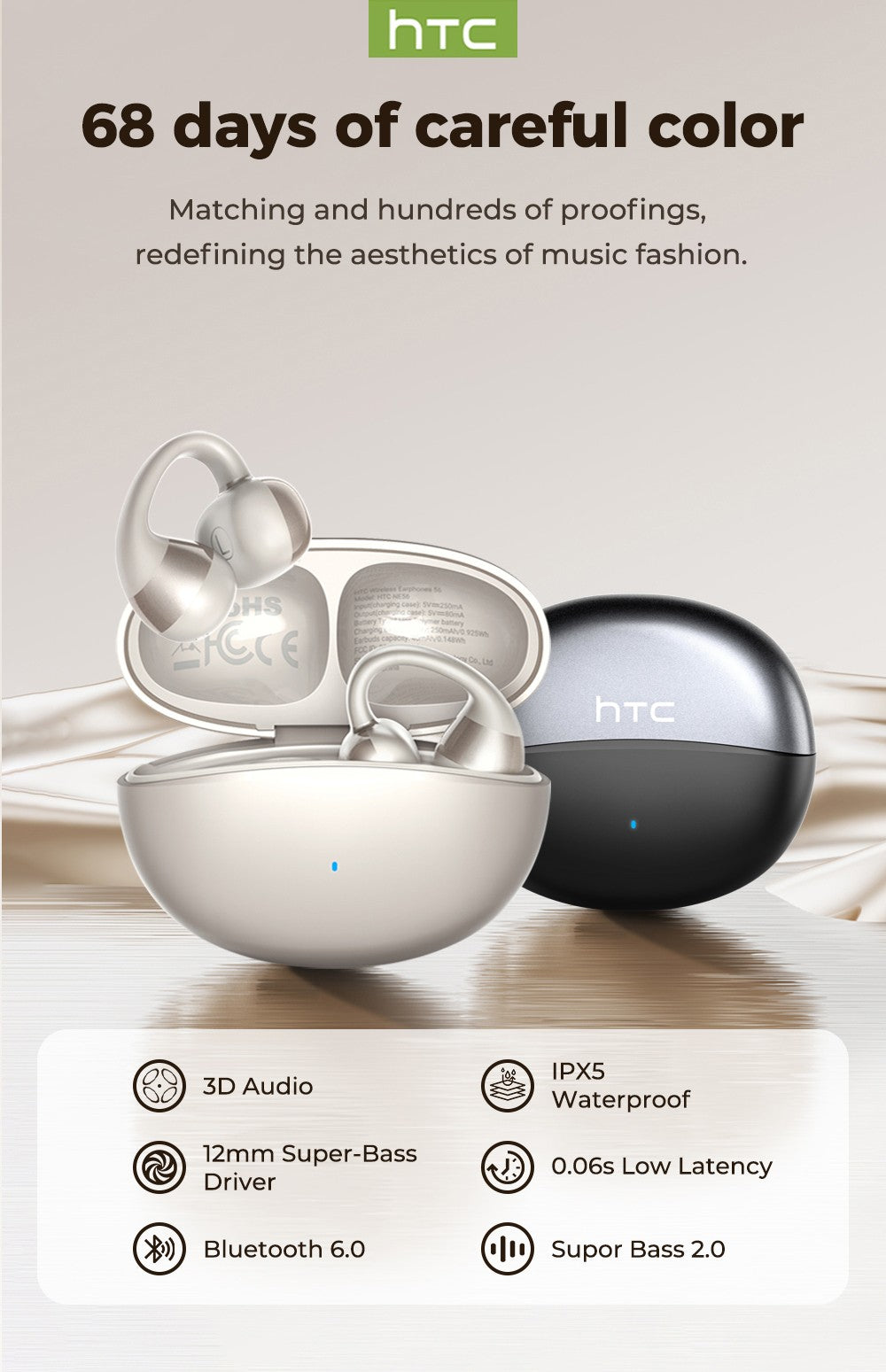 Htc ne56 fones de ouvido bluetooth v6.0 ows clipe de orelha esportes sem fio fon