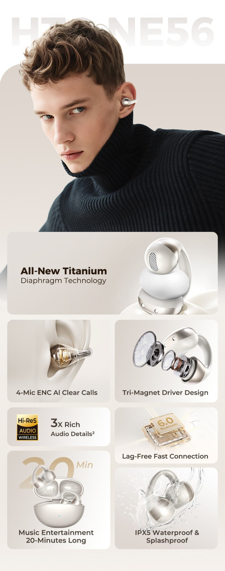 Htc ne56 fones de ouvido bluetooth v6.0 ows clipe de orelha esportes sem fio fon